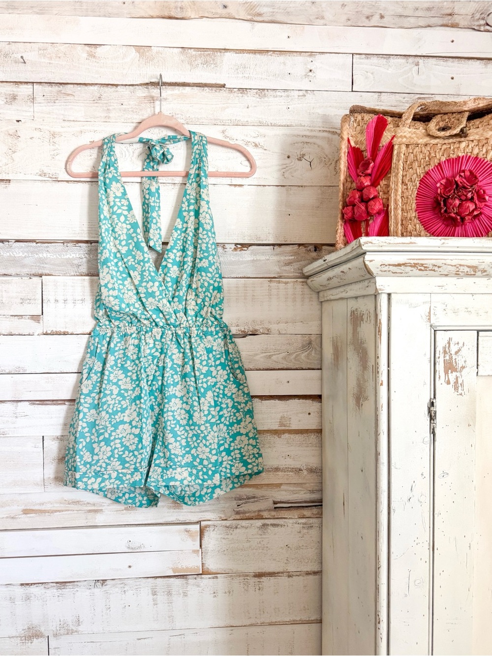 Floral Halter One-Piece Romper in Teal